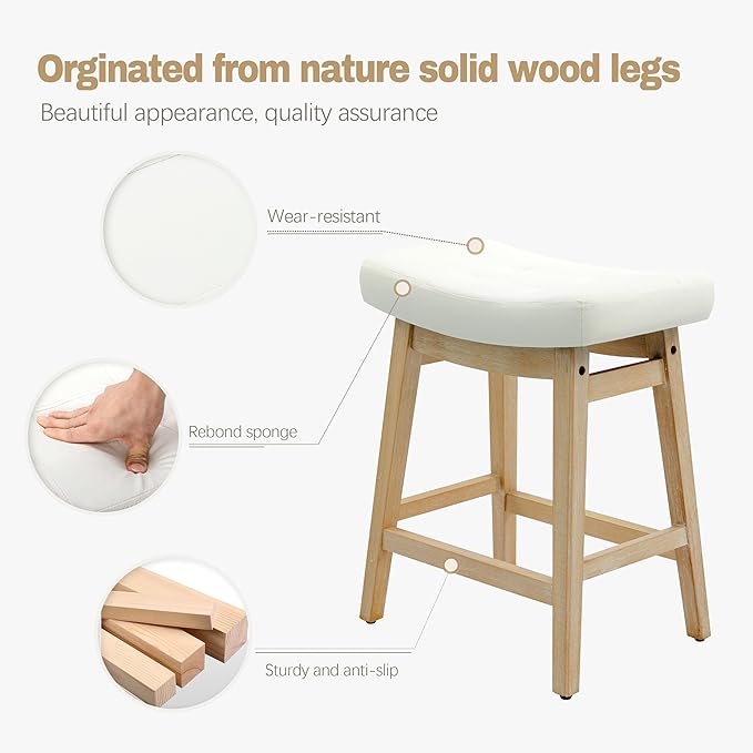 RNKSFX Counter Height Bar Stools Set of 6 for Kitchen Counter Backless Farmhouse Kitchen Island Barstools with Upholstered Faux Leather Saddle Seat and Solid Wood Legs Modern 24 inch Bar Chairs, White