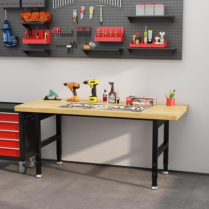 60" Heavy Duty Work Bench, Adjustable Height Workbench, 2000 LBS Load Capacity Work Table for Garage, Workshop, Office, Home