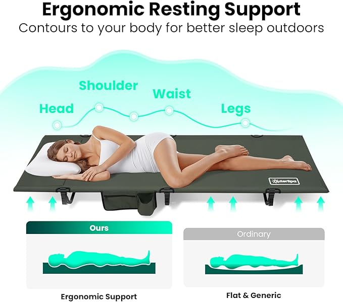 OuterSpa Portable Camping Cot, Sleeping Cots for Adults, Ultralight Backpacking Cot, Compact, Collapsible, Easy Set-Up, Supports 500lbs, Portable Camp Cot for Adults, Camping, Outdoors and Home, Green
