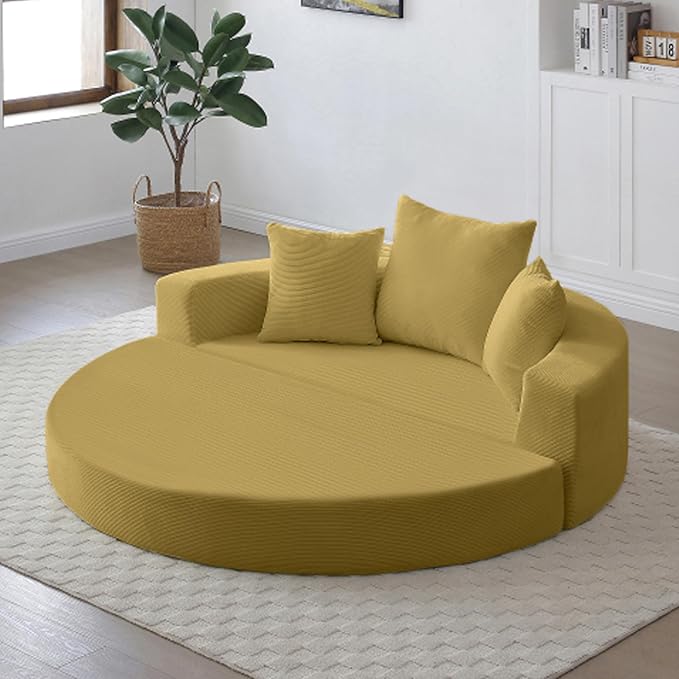 67" Round Convertible Folding Sofa Bed, Boneless Couch Loveseat, Floor Sleeper Chaise Lounge for Living Room, Apartment, Dorm, Small Spaces, Yellow