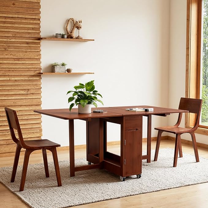 Folding Drop Leaf Dining Table with 2 Storage Space and 4 Lockable Wheels, Convertible Dining Table cart for Small Spaces Dining Room. (Brown)