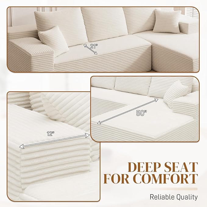 108" Boneless Cloud Sectional Couches for Living Room, Comfy Fluffy L Shaped Memory Foam Deep Seat Boneless Couch, Modular Sectional Sofa with Right Facing Chaise, White