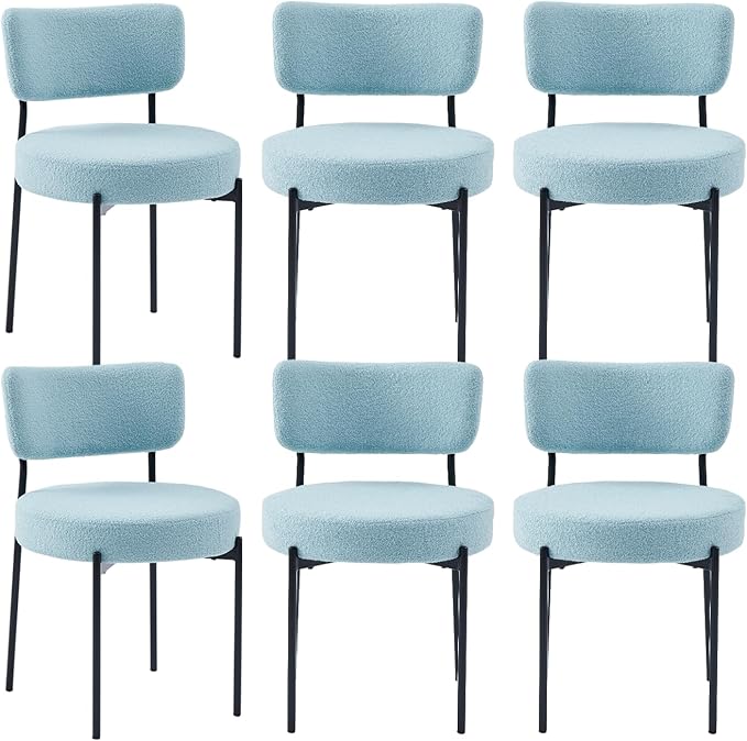 Stabrech Blue Boucle Dining Chairs Set of 6, Upholstered Dinner Chair with Metal Frame, Dining Room Chairs with Padded Seat, Round Modern Seating for Living Room