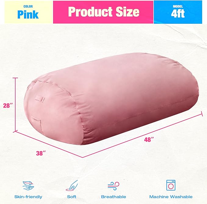 Hobestluk 4FT Bean Bag Chair Large Beanbag with Removable Cover Adult Bean Bag Chair with Portable Handle Desgin for Living Room Bedroom (Pink, 4FT)