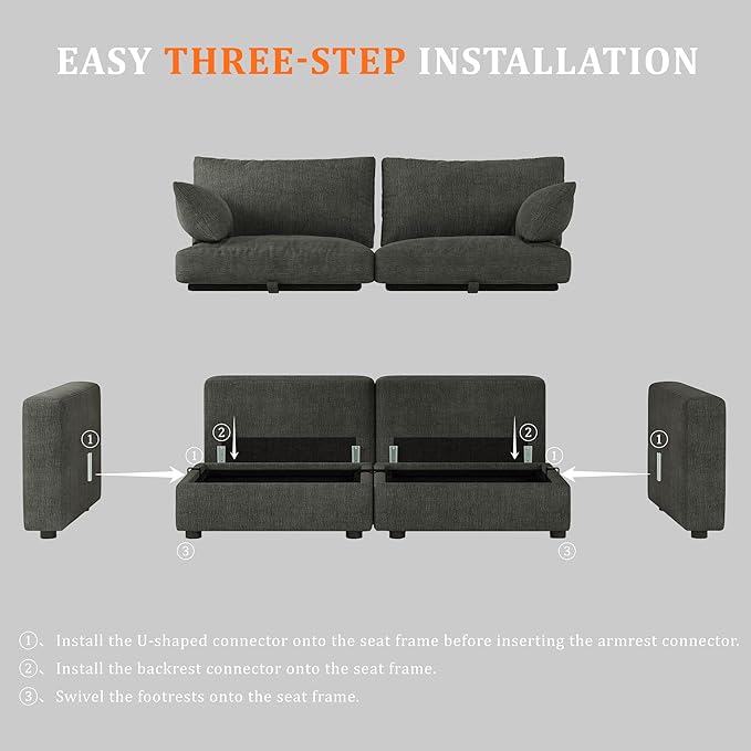 Cloud Modular Sectional Sofa Couch with Storage Ottoman, 128" Oversized Sectional Couches for Living Room, Cloud Modular L-Shaped Sofa with Chaise, 5 Seater, Chenille, Dark Gray