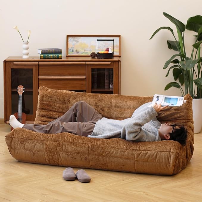 N&V Fireside Chair, Mid Century Armless Floor Sofa, Soft Premium Chenille Floor Lounge Chair, Foam Sofa Accent Chair for Living Room Bedroom and Office (Brown, Three seater)