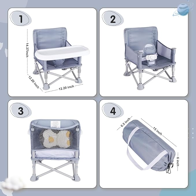 Furmubei Portable Baby Booster Seat with Tray, Toddler Booster seat for Dining, Camping, Travel, Baby Beach Chair 6 Months to 3 Years Old Indoor Outdoor Use Grey