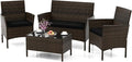 HAPPYGRILL 4 Pieces Outdoor Rattan Conversation Set, Patio Wicker Furniture Set with Loveseat Chairs & Tempered Glass Coffee Table, Outside Sectional Sofa Set for Backyard Garden & Poolside