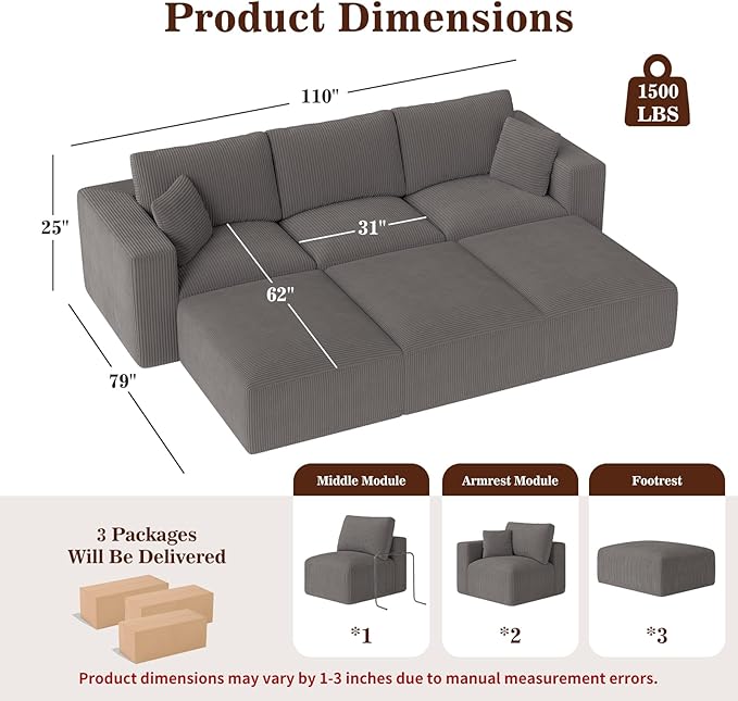 110" Modular Sectional Sofa, Boneless Couch Memory Foam Cloud Couch with Chaise, Cozy Upholstered Corduroy Floor Couch, No Assembly Required Living Room Furniture for Apartment Home, Grey