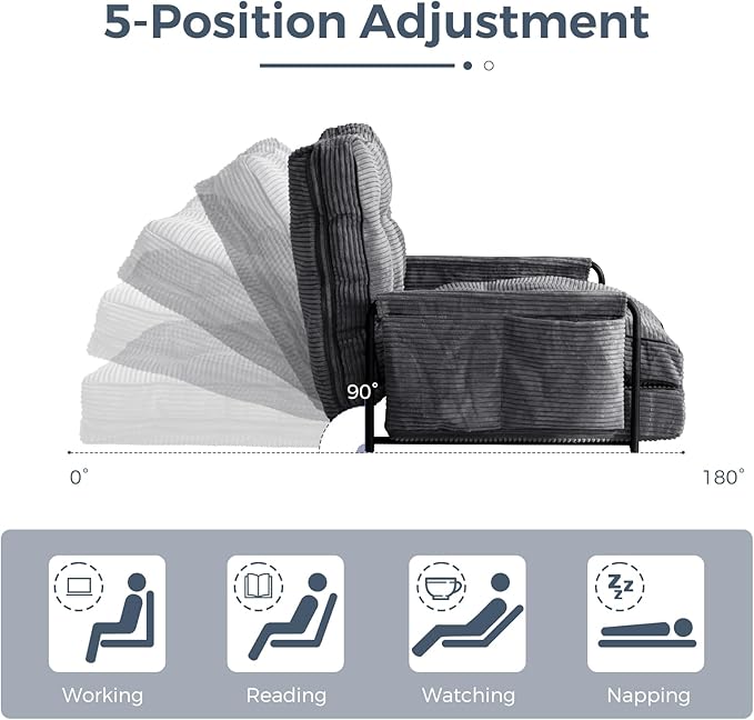 MAXYOYO Adjustable Floor Sofa Couch with Pillow, Multi-Functional Bean Bag Bed, 5-Position Foldable Lazy Sofa Sleeper Bed with Armrest, Versatile Floor Seating for Reading, Dark Grey, Single