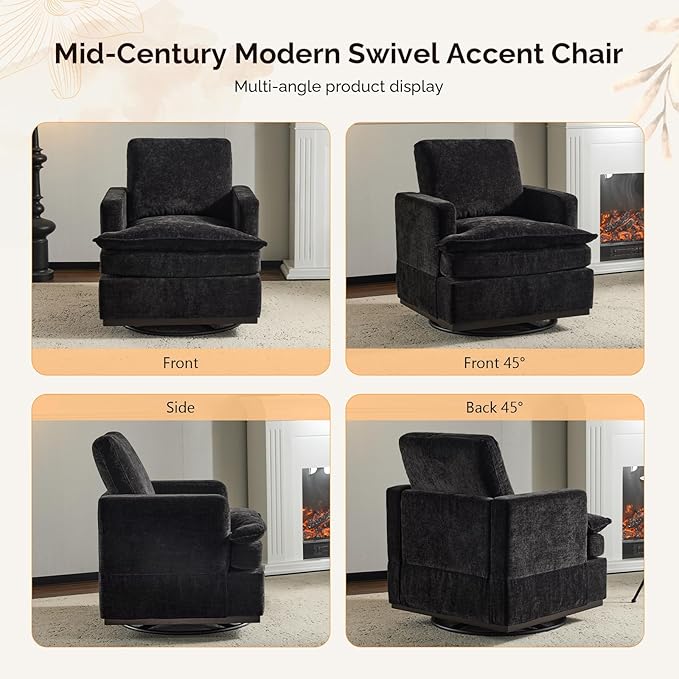 VINGLI 360° Swivel Mid-Century Modern Accent Armchair with Double-Layer Seat Cushions, Comfy Single Square Sofa, Upholstered Club Chair for Living Room,Bedroom, Reading Room, Chenille Black