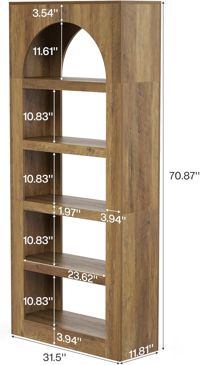 LITTLE TREE 5-Tier Arched Bookshelf, 70.8 Inches Modern Wooden Bookcase, Open Display Storage Shelf Organizer for Living Room, Home Office, Bedroom, Light Brown