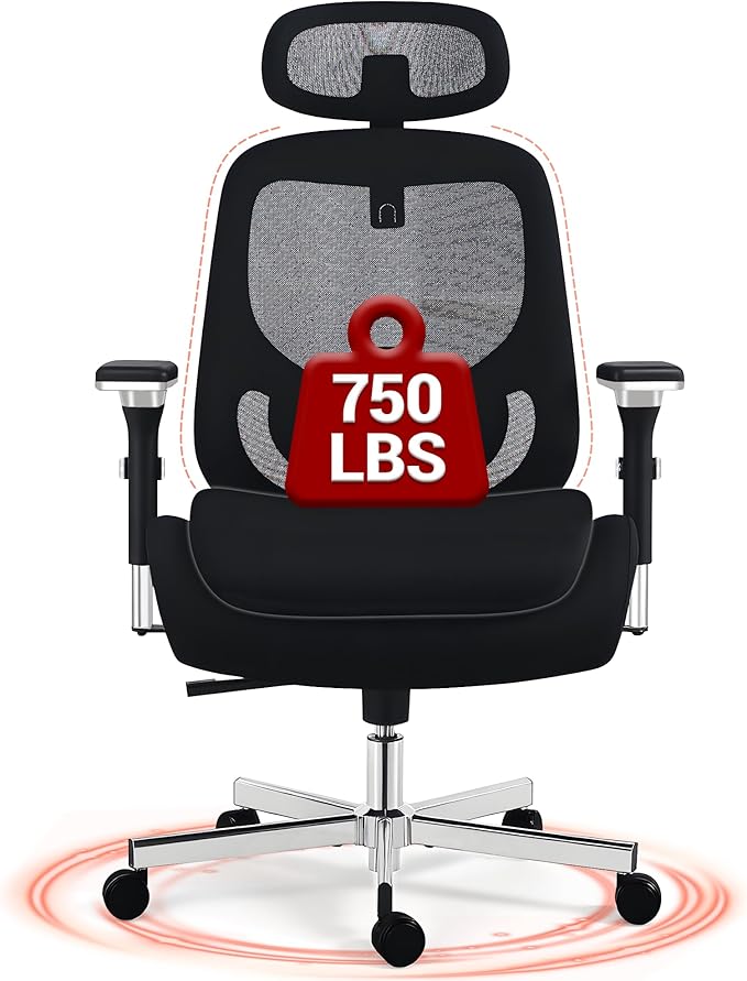 750 LBS Big and Tall Office Chair, Heavy Duty Executive Chair w/4D Arms, Ergonomic Computer Home Desk Chair, Swivel Mesh Chair w/2D Lumbar Support, Adjustable Headrest, Tilt Lock-Black