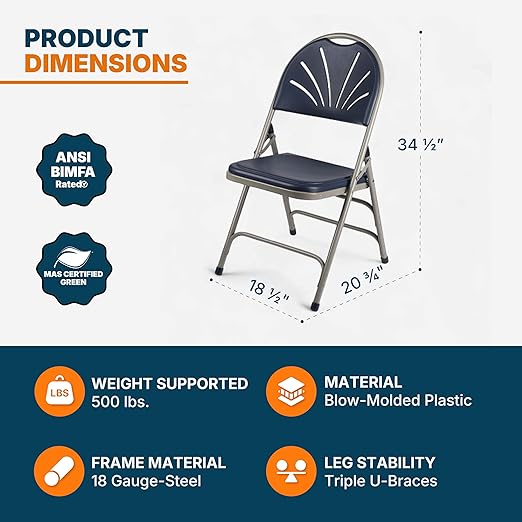 OEF Furnishings OEF1100 Series Premium Heavy-Duty Plastic Folding Chairs, Commercial Fanback Event Chairs with Triple Brace and 500 lb Capacity (4-Pack, Navy Plastic with Gray Frame)