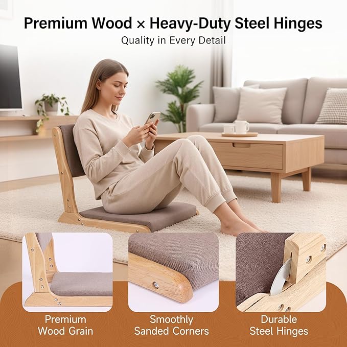 Tiita 2Pcs Floor Games Chair, Foldable Meditation Tatami Chairs, Backrest Chair with Cushion, Living Room Chair Seat, Wood Grey