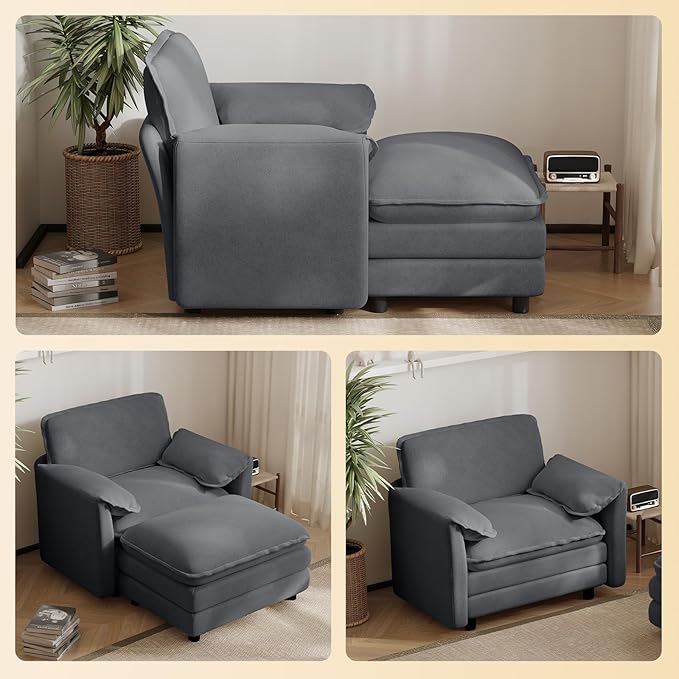 DAMAIFROM Oversized Chaise Lounge Chair Indoor with Ottoman, Firm Solid Wood Frame with Long Service Life Chenille Oversized Lounge Reading Chair for Study Room - Grey