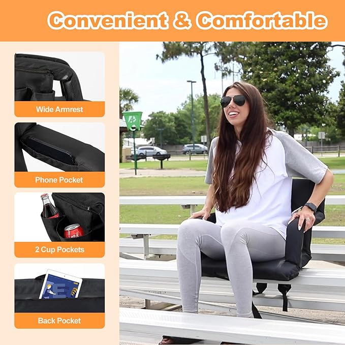nalone Folding Stadium Seat Set of 2, 25 inch Extra Wide Stadium Chairs for Bleachers Stadium Seat Bleacher Chairs Portable with Back Supports Thick Padded Cushion Armrests Reclining (Black)