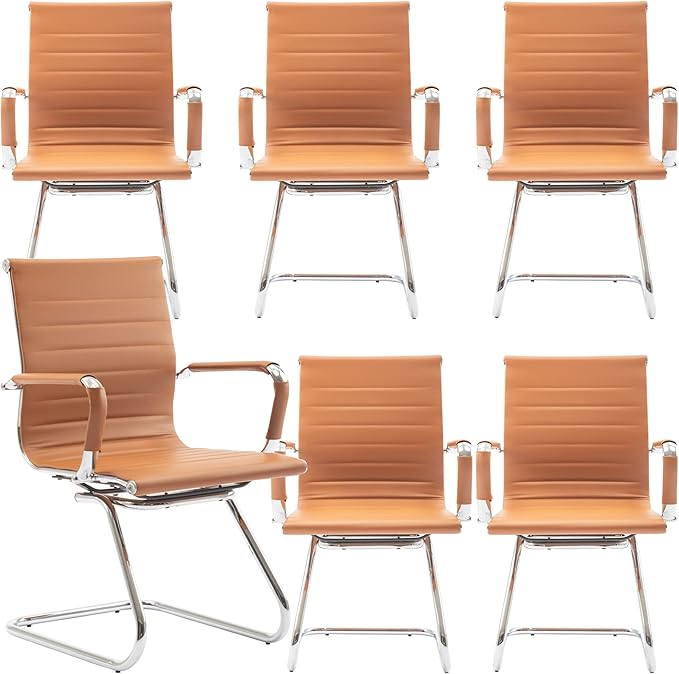 DM Furniture Office Desk Chair No Wheels Set of 6 PU Leather Computer Chairs Mid Back Guest Chairs for School Reception Conference Waiting Room, Terracotta