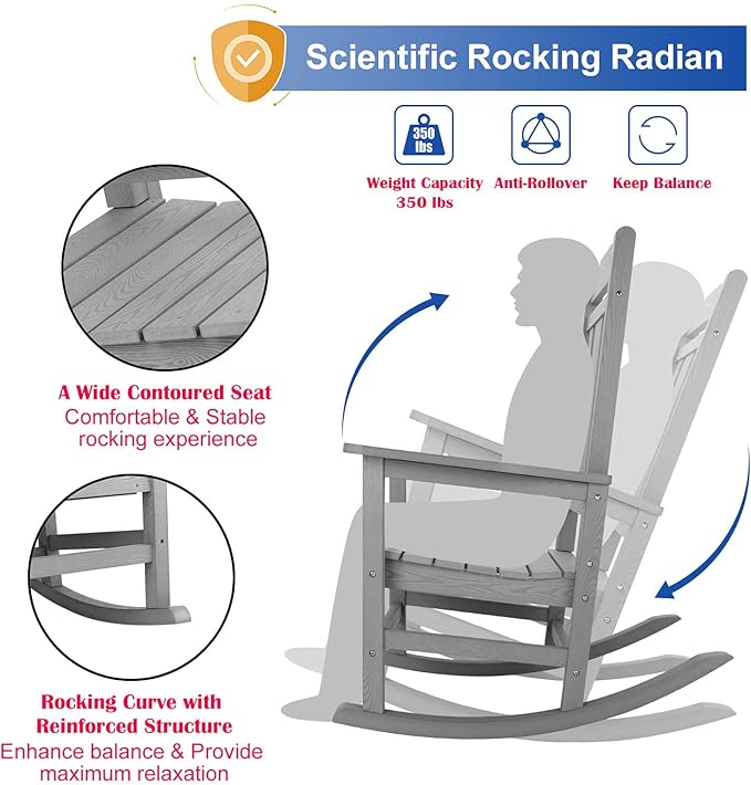 hOmeHua Rocking Chair, All-Weather Oversized Outdoor Indoor Chairs, Patio Fade-Resistant Porch Rocker Chair, Durable Smooth Rocking, Comfortable Easy to Assemble, Low Maintain (Gray)