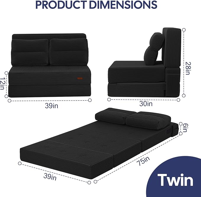 COMAX Folding Sofa Bed, Foldable Couch for Bedroom, Convertible Floor Sleeper Futon Chair Foam, Corduroy 3 in 1 Fold Out Chair Portable Comfy Lounge Couch Sofa Bed for Small Space, Twin, Black