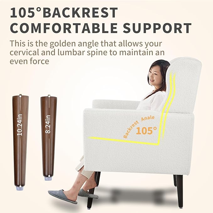 QKFF Modern Accent Chair, Upholstered Armchair with Pillow, Teddy Single Sofa Chair with Lounge Seat and Wood Legs Accent Chair for Living Room Bedroom Small Spaces