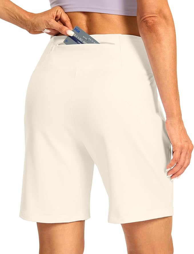 Women's Athletic Shorts with Zipper Pocket 7" High Waisted Stretchy Bermuda Shorts for Women Workout Running Casual