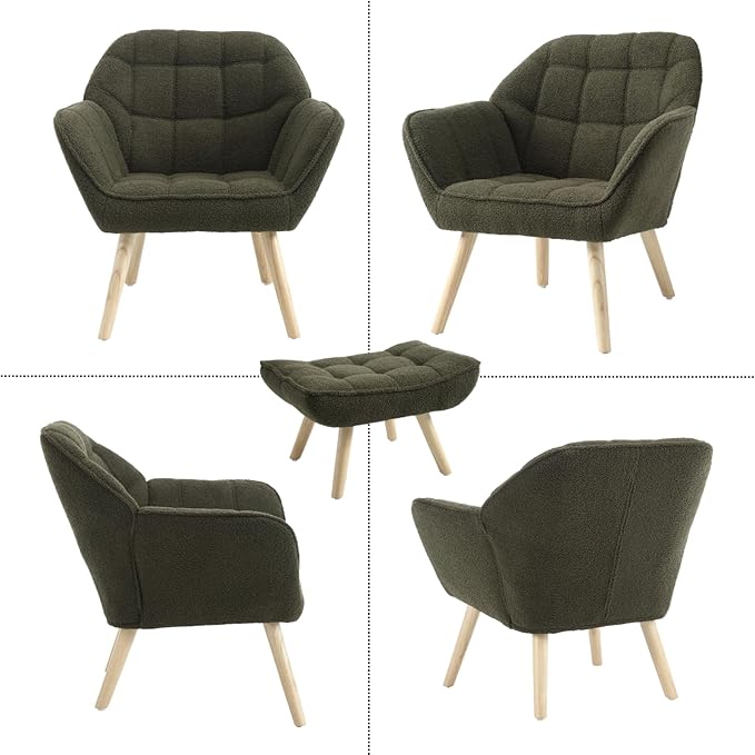 QUINJAY Modern Sherpa Accent Chair with Ottoman Set of 2, Fluffy Upholstered Lounge Chair with Footrest, Comfy Living Room Side Boucle Armchair for Small Space Bedroom, Green