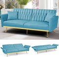 ACMEASE 70” Velvet Futon Sofa Bed with 2 Pillows and Adjustable Armrests, Convertible Sleeper Bed W/Adjustable Backrests, Modern Loveseat for Living Room, Bedroom, Baby Blue