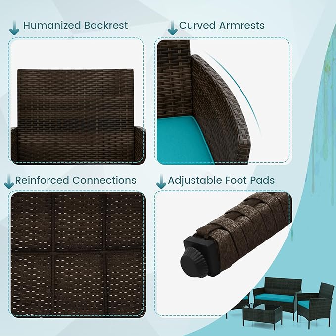 HAPPYGRILL 4 Pieces Outdoor Rattan Conversation Set, Patio Wicker Furniture Set with Loveseat Chairs & Tempered Glass Coffee Table, Outside Sectional Sofa Set for Backyard, Garden, Poolside