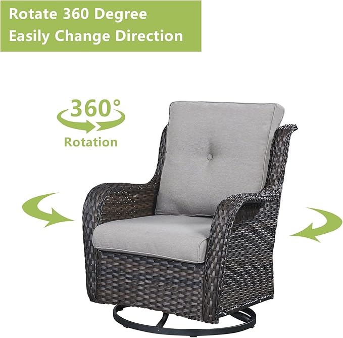 Rilyson Wicker Rocking Chair Swivel Chairs - 3 Piece Rocker Patio Furniture Set Rattan Rocking Bistro Sets with Glass Top Side Table for Outdoor Porch Deck Garden Backyard (Brown/Grey)