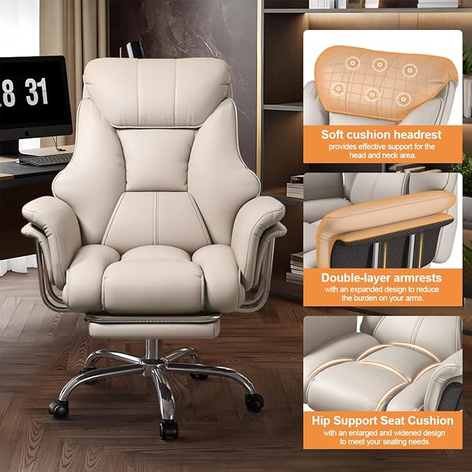 BTFYOU Big and Tall Office Chair with Armrests Executive Chair with Footrest and Spring Lumbar Support High Back Leather Ergonomic Chair Adjustable Height Tilt Lock for Business