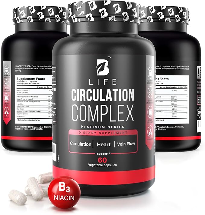 Circulation Support Supplement for Vein & Artery Health | Vascular Support with L-Arginine, Horse Chestnut & Butcher’s Broom | Promotes Healthy Leg Circulation & Vein Function | 60 Capsules
