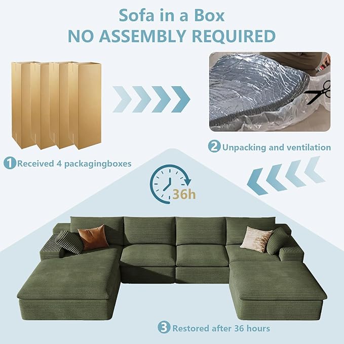 136" Cloud Sectional Couch with U-Shaped Chaise,Corduroy Viral Boneless Sofa with Ottoman,Memory Foam Couches in a Box with Deep Seat for Living Room,No Assembly Required (Green,Left-Facing Chaise)