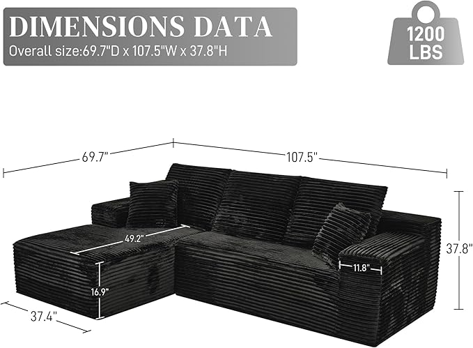 Modular Sectional Sofa Cloud Sectional Couch, 107" Comfy Fluffy L Shaped Black Couches for Living Room, Deep Seat Memory Foam Plush Corduroy Boneless Couch Sectionals with Left Facing Chaise Sofa