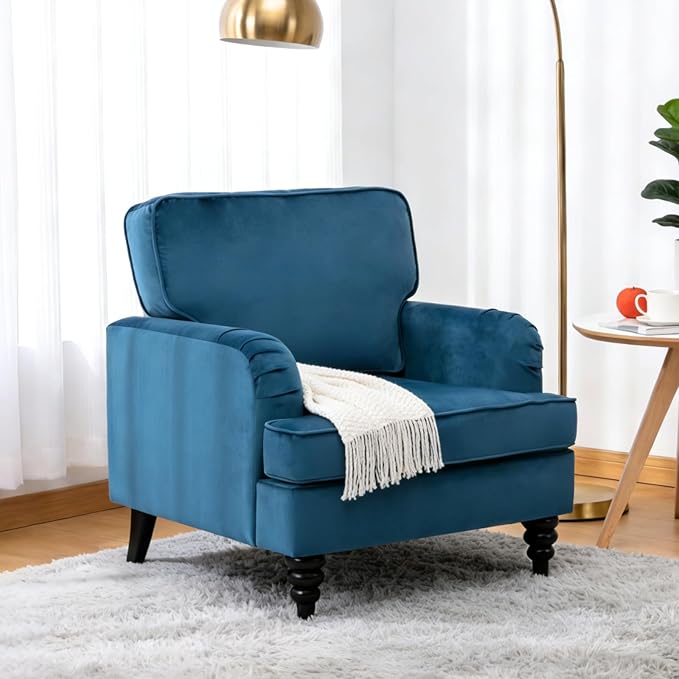 chairus Mid Century Modern Velvet Accent Chair, Vintage Club Armchair with Firm Supportive Seat & Soft Backrest, Comfy Single Sofa Reading Chair for Living Room Bedroom Apartment, Blue
