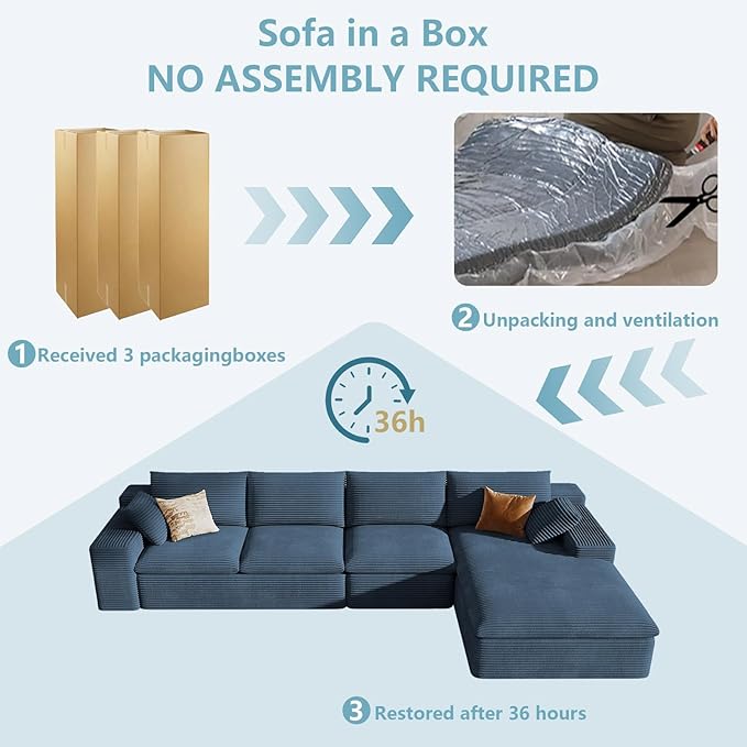136" Cloud Sectional Couch with L-Shape Chaise, Modern Corduroy Viral Boneless Sofa for Living Room,Memory Foam Couches in a Box with Deep Seat,No Assembly Required (Blue,Right-Facing Chaise)