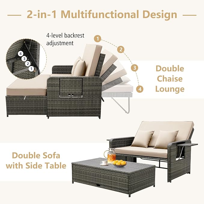 RELAX4LIFE Wicker Patio Outdoor Daybed - Rattan Day Bed Lounger w/Loveseat & Storage Ottoman, Sunbed Sofa Set w/Cushions, 4-Level Adjustable Backrest & 2 Retractable Trays, Patio Daybed (Beige-Grey)