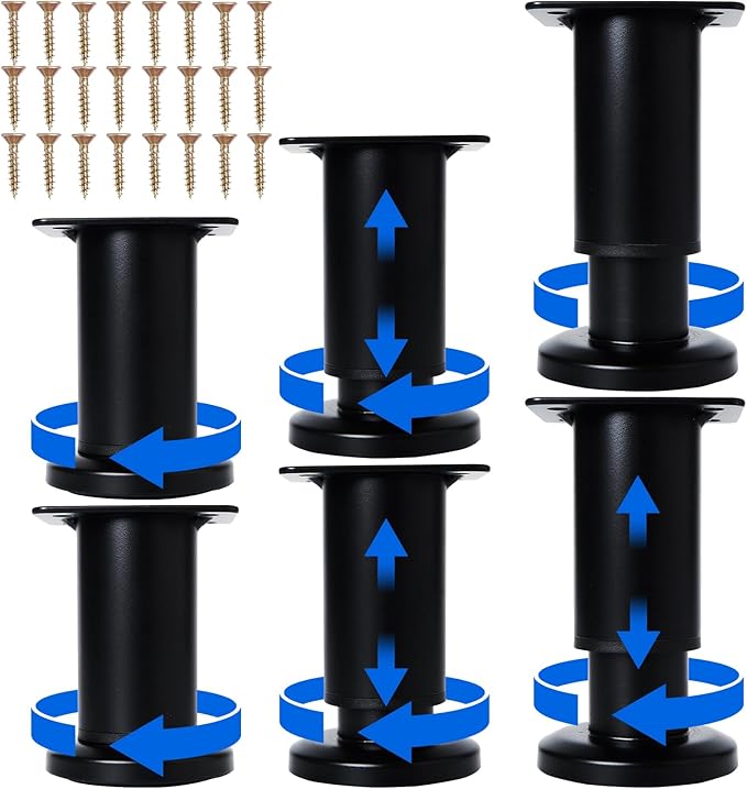 Olldag 6 Pcs Adjustable Height Furniture Support Legs [with Screws] 3.15-4.72 inch, Metal Heavy Duty Furniture Replacement Legs for Chair/Bed/Sofa/Cabinet/Couch/Dresser/Bed/Table (Black)