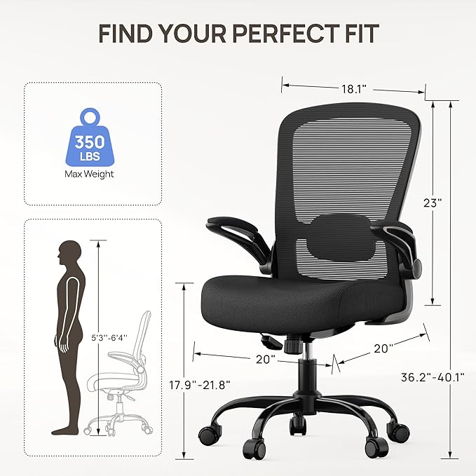 Mimoglad Ergonomic Office Chair - BIFMA Certified, Flip-up Armrests & 135° Recline, Adjustable Lumbar Support - Space-Saving Task Chair for Business/Team Office & Home (Black, 350lbs)