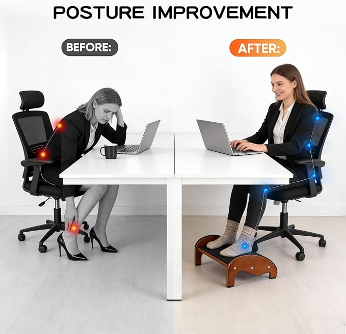 Ergonomic Wooden Under Desk Footrests with Rocking Feature, Non-Slip Design, Improves Posture, Circulation, and Comfort for Home & Office Use