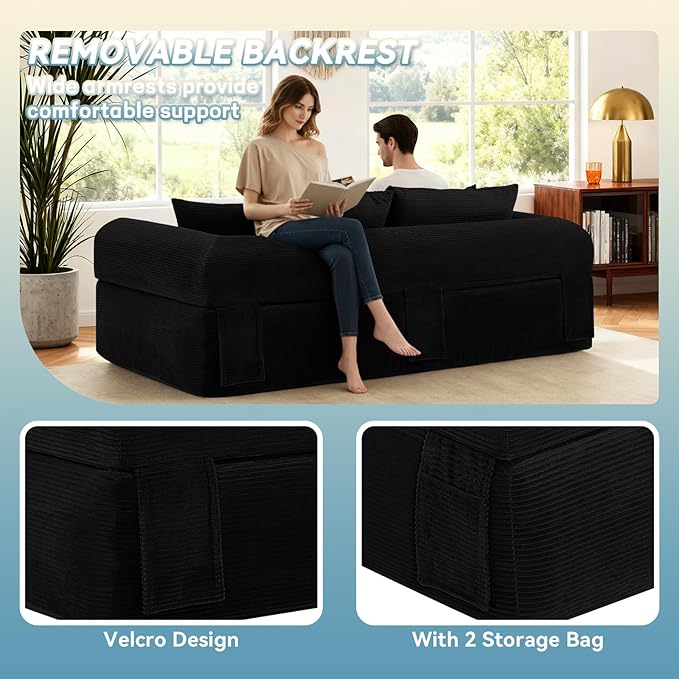 GJQ 83" Boneless Couches for Living Room,Corduroy 3 Seater Couch in a Box with 4 Pillows & Storage Pocket,Convertible Sleeper Sofa Bed Compressed Floor Sofa,Black