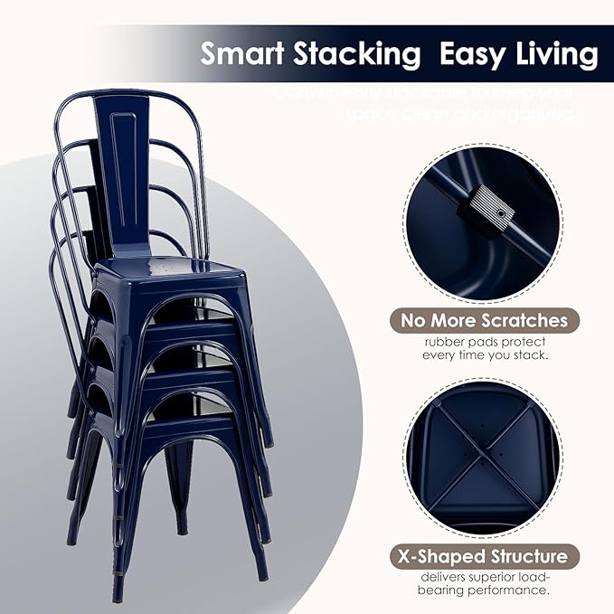 Metal Dining Chairs Set of 2,Stackable Tolix Chair Indoor/Outdoor for Kitchen,Cafe,Restaurant,Bistro & Patio Multiple Colors(Dark Blue)
