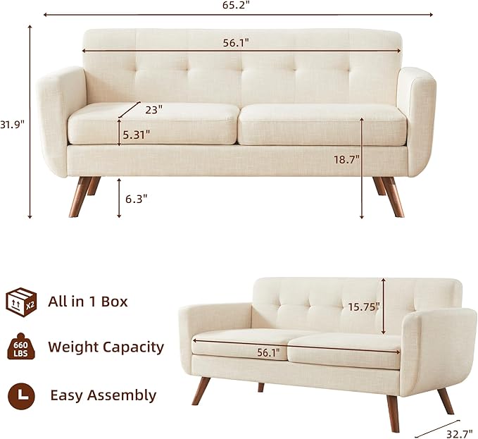 Tbfit 65" W Loveseat Sofa, Mid Century Modern Decor Love Seat Couches for Living Room, Button Tufted Upholstered Small Couch for Bedroom, Solid and Easy to Install Love Seats Furniture, Beige | linen fabric, button tufted, solid wood foot, pocket sprin...