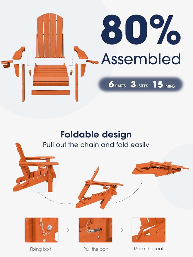 KINGYES Folding Adirondack Chair Set of 4, Dual Cup Holders & All-Weather HDPE, Wood-Like Patio Chair for Backyard, Camping, Pool & Fire Pit, Orange