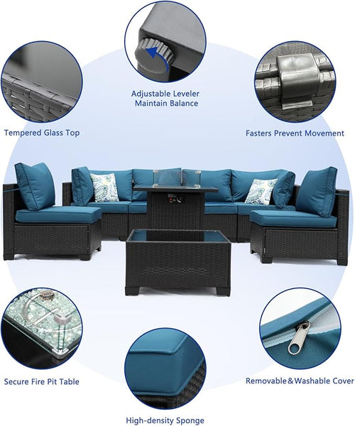 3D MATRIX 8 Pieces Patio Furniture Set with 28" Fire Pit Table, Wicker Outdoor Sectional Couch, Rattan Conversation Set for Backyard, Deck, Garden Lawn, Coffee/Peacock Blue