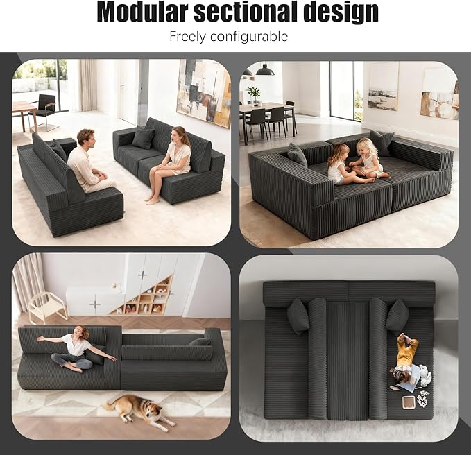 Komusou 142" Boneless Couch, Cloud Modular Sectional Sofa 4-Seat, Modern Upholstered Couches for Living Room Bedroom No Assembly Required (Grey, 4 Seaters)
