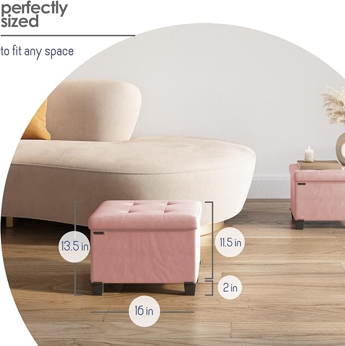 Storage Ottoman Cube with Small Bin, 16-in Square Ottoman with Storage for Living Room and Bedroom, Small Ottomans Foot Rest, Faux Leather Foot Stools Ottomans Max 330lbs, Pink