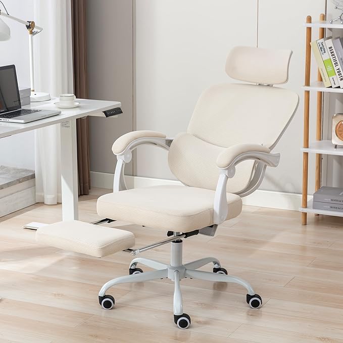 BOWTHY Mesh Ergonomic Office Chair with Footrest,90-135 Comfy Reclining Chairs,Home Office Desk Chair with Adjustable Lumbar Support & Headrest, High Back Computer Chair (Beige)
