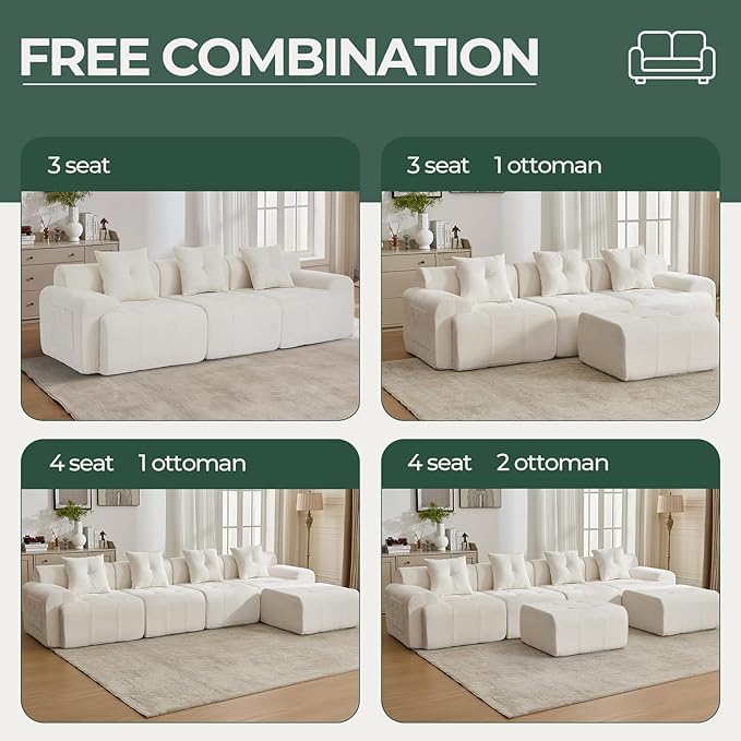 YAAREE 129.23”Modular Sectional Couch for Living Room, Modren L-Shape Cloud Sectional 4-Seater Sofa with 2 Movable Ottomans, Woven Texture Upholstery Boneless Couch, No Assembly, Beige