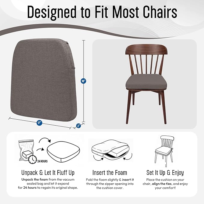 D-Shaped Indoor Chair Cushions 17" x 16" for Kitchen & Dining Chairs – 2'' Thick Seat Pads with Ties & Non-Slip Backing, High-Density Foam, Machine-Washable Covers, Set of 2 with Chair Leg Pads, Gray
